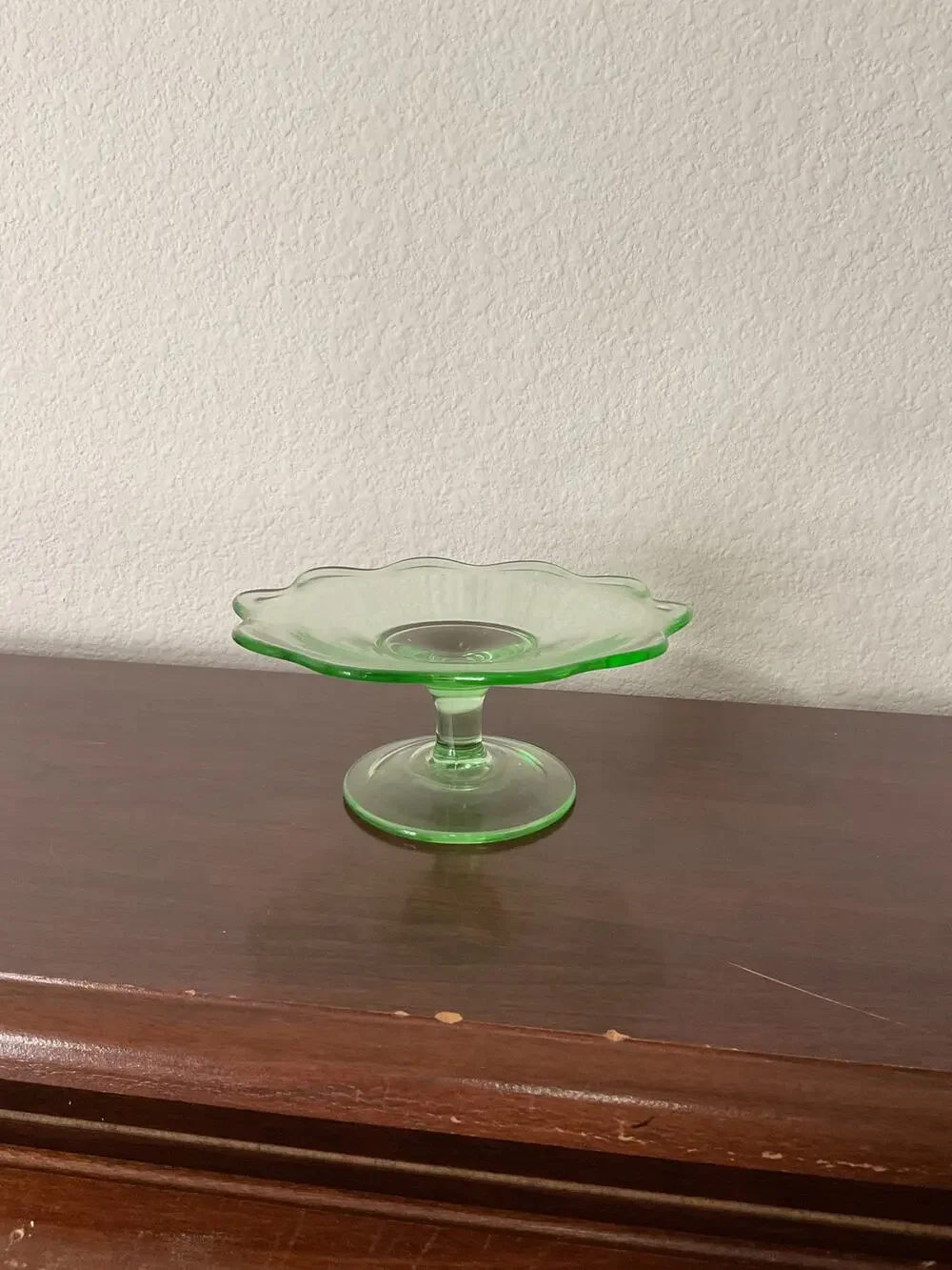 Vintage small green depression glass dessert cheese pedestal stand